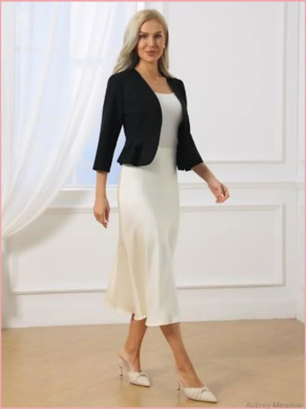 Open Front Peplum Blazer Crop Jacket 3/4 Sleeve Suit Jacket
